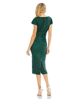 Women's Sequined Short Sleeve Wrap Over Cocktail Dress