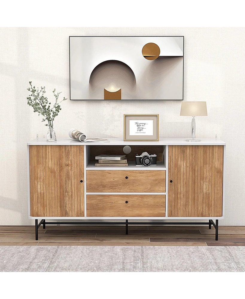 Mid Century Modern Buffet Sideboard with Sliding Tambour Doors and 2 Storage Drawers