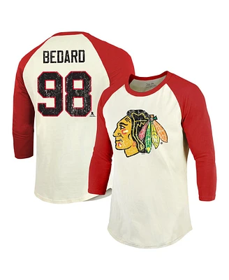 Men's Majestic Threads Connor Bedard Cream, Red Distressed Chicago Blackhawks Name and Number Softhand Raglan 3/4-Sleeve T-shirt