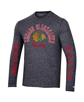 Men's Champion Heather Black Distressed Chicago Blackhawks Multi-Logo Tri-Blend Long Sleeve T-shirt