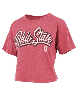 Women's Pressbox Scarlet Distressed Ohio State Buckeyes Team Script Harlow Vintage-Like Waist Length T-shirt
