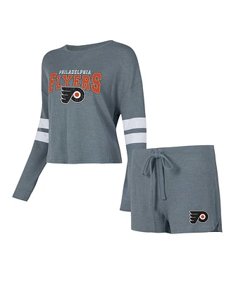 Women's Concepts Sport Gray Distressed Philadelphia Flyers Meadow Long Sleeve T-shirt and Shorts Sleep Set