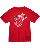 Men's and Women's Mitchell & Ness Red Miami Heat Hardwood Classics Mvp Throwback Logo T-shirt