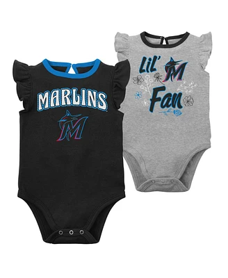 Baby Girls Black, Heather Gray Miami Marlins Little Fan Two-Pack Bodysuit Set
