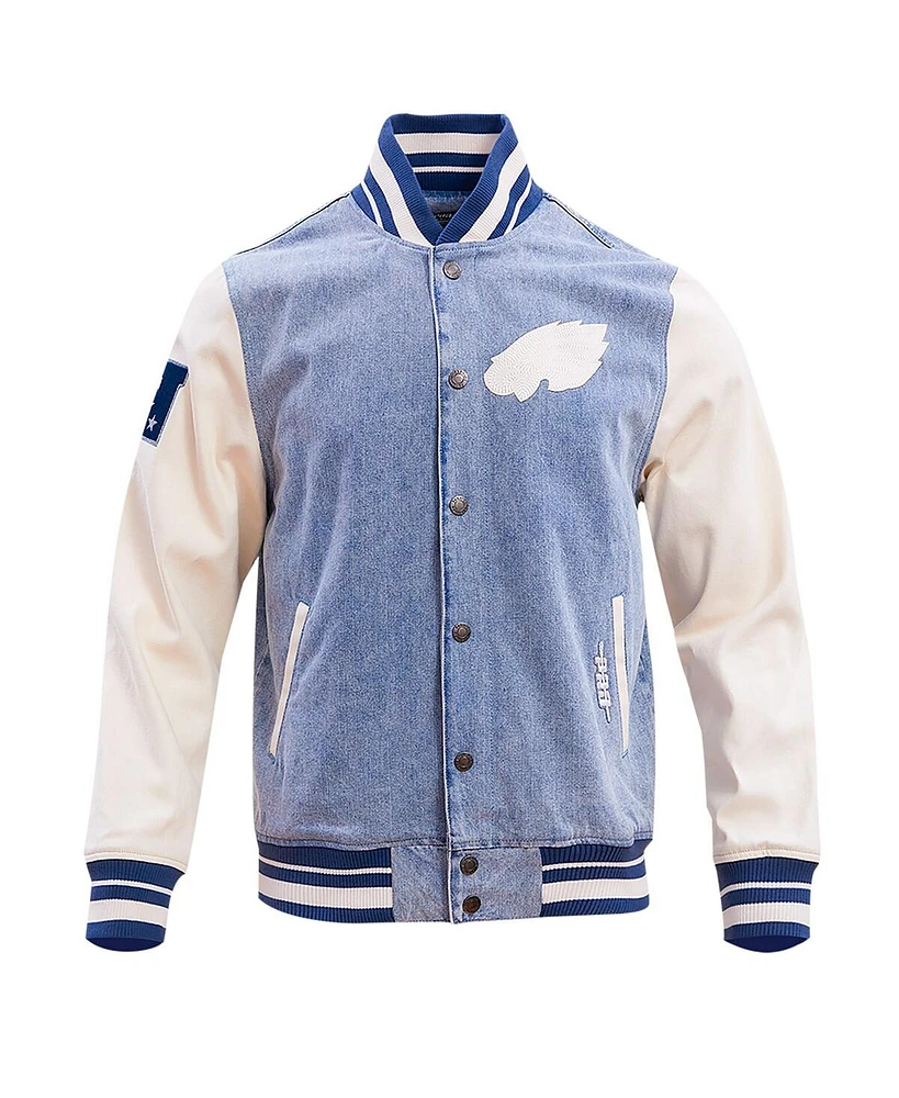 Men's Pro Standard Denim Distressed Philadelphia Eagles Varsity Blues Full-Snap Varsity Jacket