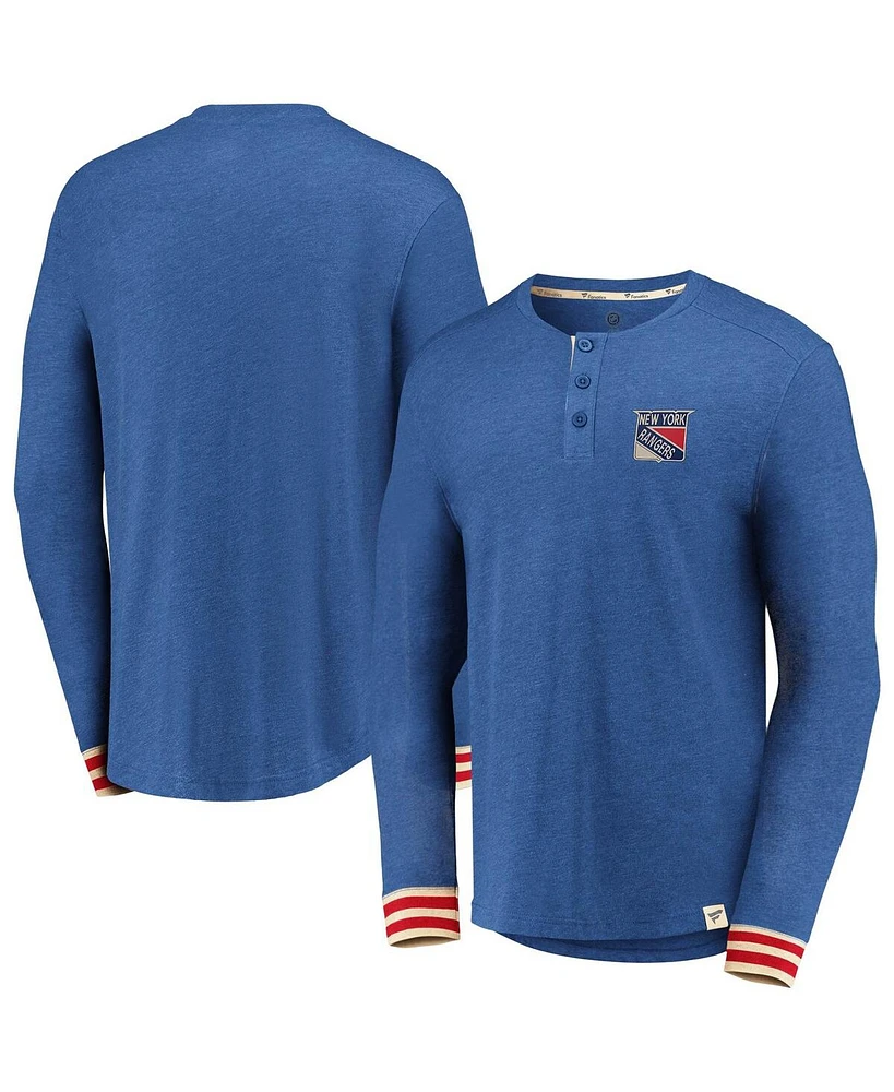 Men's Fanatics Heathered Blue New York Rangers True Classics Henley Long Sleeve T-shirt