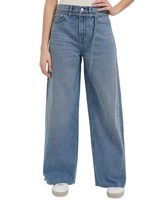 Calvin Klein Jeans Women's Cut-Hem High-Rise Wide-Leg Belted Cotton Denim