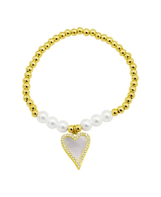Adornia 14K Gold-Plated Stretch Pearl Bracelet with Mother-of-Pearl Halo Heart