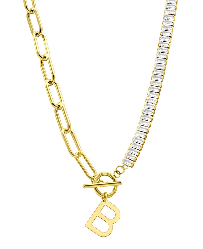 Adornia 14K Gold-Plated Half Crystal and Paperclip Initial Toggle Necklace - Gold