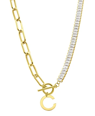 Adornia 14K Gold-Plated Half Crystal and Paperclip Initial Toggle Necklace