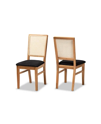 Baxton Studio Idris Mid-Century Modern Fabric Upholstered and Oak Finished 2-Piece Rattan Dining Chair Set