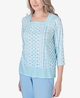 Alfred Dunner Petite Hyannisport Square Neck Geometric Border Top