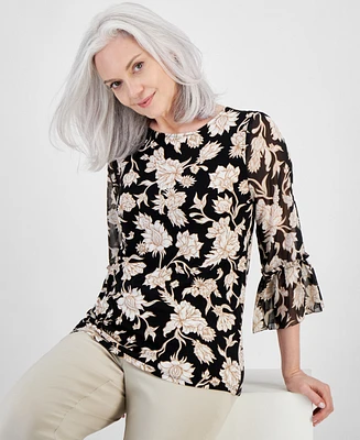Jm Collection Women's Printed Ruffled-Sleeve Top, Created for Macy's