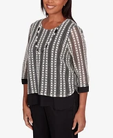 Alfred Dunner Petite Opposites Attract Striped Texture Necklace Top