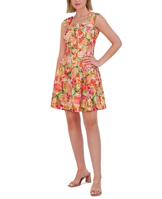 Vince Camuto Women's Floral Pleated-Sleeve Square-Neck Dress