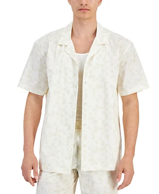 Alfani Men's Grand Regular-Fit Geo-Print Button-Down Seersucker Camp Shirt, Created for Macy's
