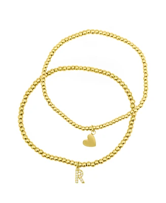 Adornia 14K Gold-Plated Stretch Bracelet Set with Mini Crystal Initial