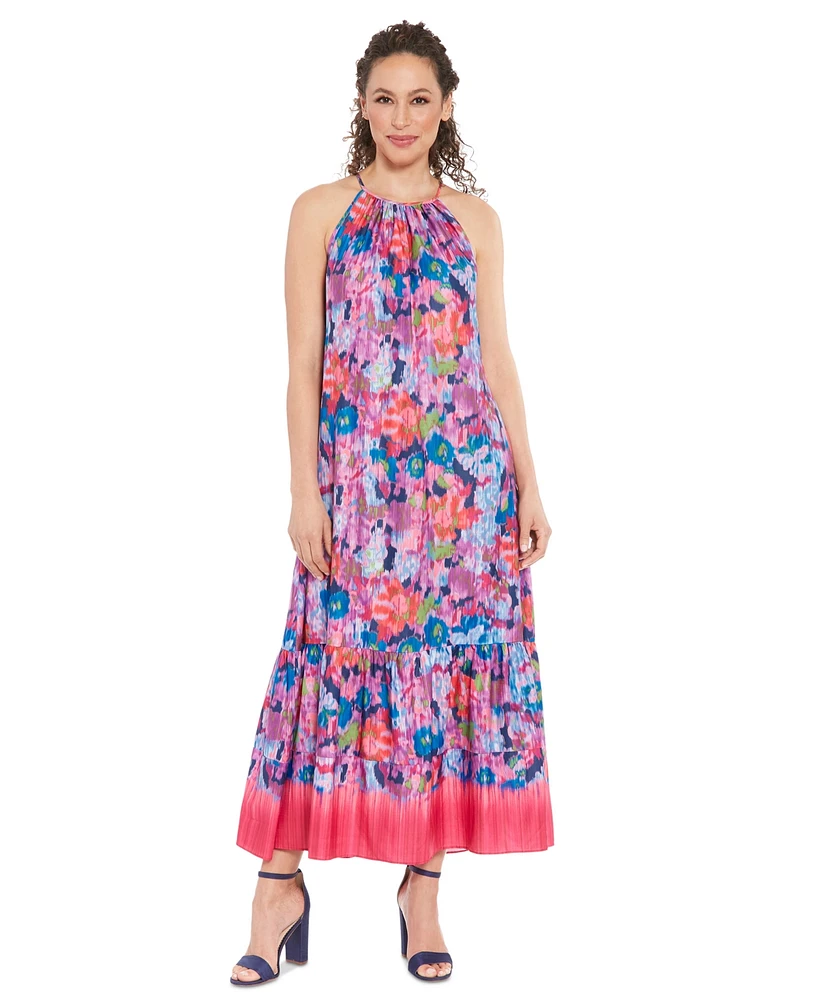 London Times Women's Ikat Floral Halter Maxi Dress