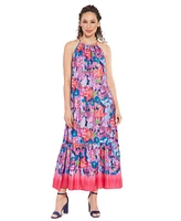 London Times Women's Ikat Floral Halter Maxi Dress