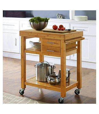 Home Aesthetics Rolling Bamboo Kitchen Island Cart Food Prep Trolley, with Towel Rack Drawers