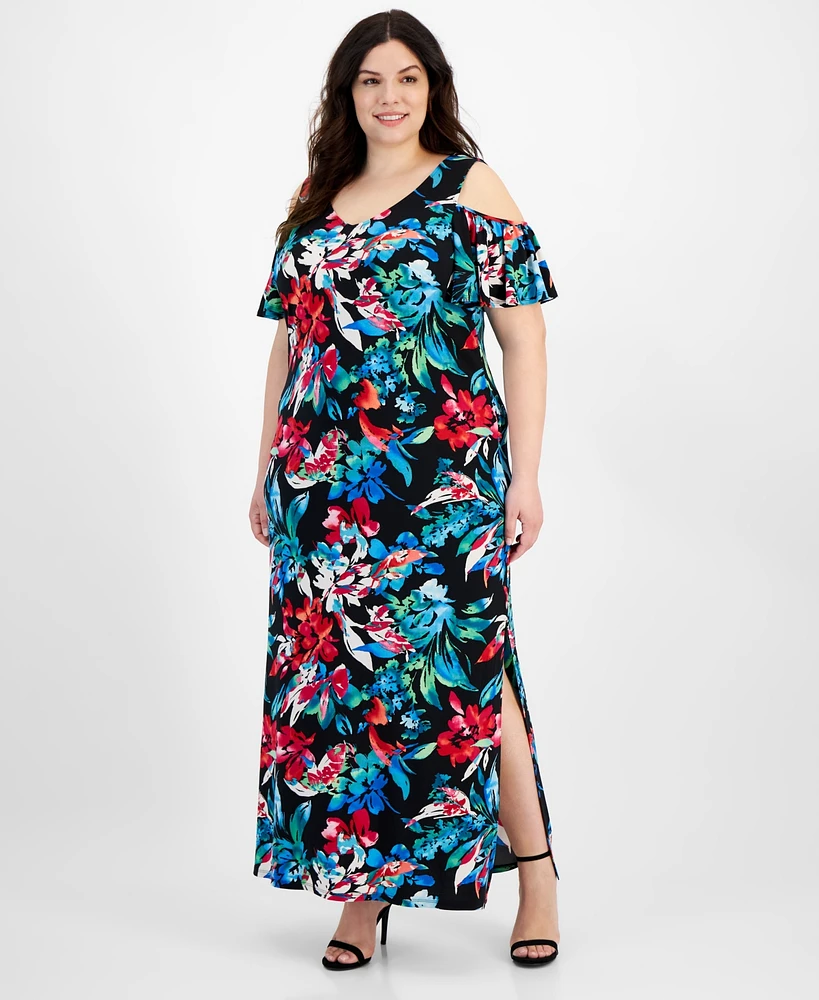 Connected Plus Floral-Print Cold-Shoulder Maxi Dress