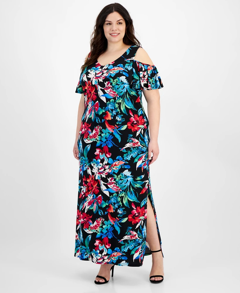 Connected Plus Size Floral-Print Cold-Shoulder Maxi Dress