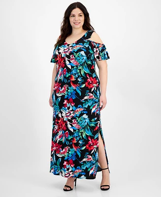 Connected Plus Floral-Print Cold-Shoulder Maxi Dress