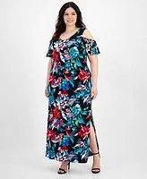 Connected Plus Size Floral-Print Cold-Shoulder Maxi Dress