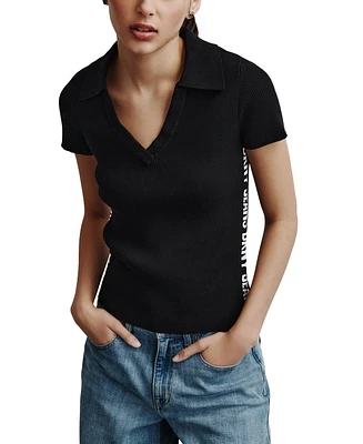 Dkny Jeans Women's V-Neck Side-Logo Rib-Knit Short Sleeve Polo Top