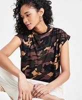 Bar Iii Women's Camo-Print Elastic-Hem Blouson Top, Created for Macy's