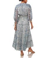 1.state Women's Printed Pintuck 3/4-Sleeve Tiered Maxi Dress