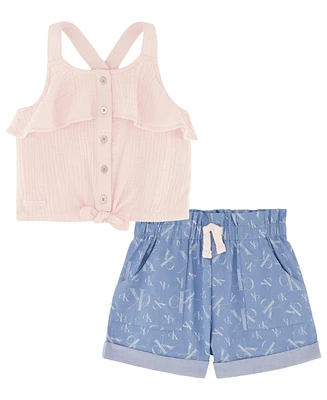 Calvin Klein Little Girls Muslin Tie-Front Halter Top and Chambray Cargo Shorts, 2 Piece Set