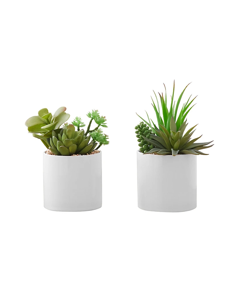 Monarch Specialties 7" Indoor Artificial Succulent Plants with Decorative White Ceramic Pots, Set Of 2