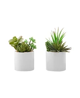 Monarch Specialties 7" Indoor Artificial Succulent Plants with Decorative White Ceramic Pots, Set Of 2