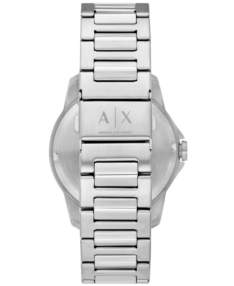 A|X Armani Exchange Men's Banks Three Hand Day-Date Silver-Tone Stainless Steel Watch 44mm