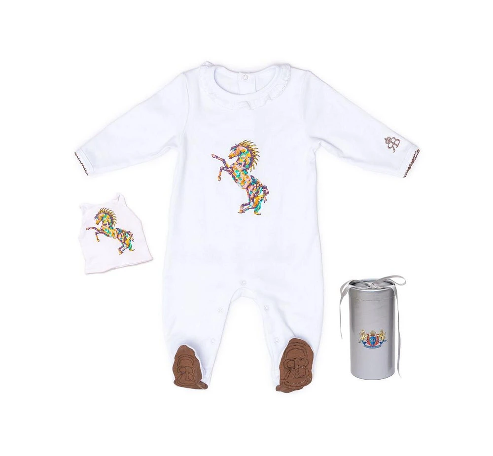 Royal Baby Collection Horse Print Organic Cotton Gloved Footed Coverall With Hat Gift Box