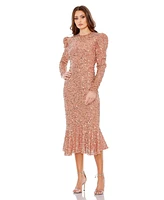 Mac Duggal Women's Sequined Long Sleeve High Neck Trumpet Dress