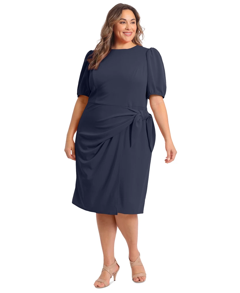 London Times Plus Puff-Sleeve Tie-Waist Dress
