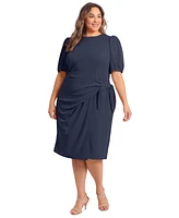 London Times Plus Puff-Sleeve Tie-Waist Dress