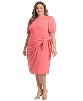 London Times Plus Puff-Sleeve Tie-Waist Dress