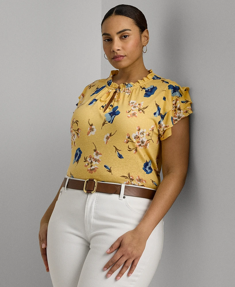 Lauren Ralph Plus Floral Flutter-Sleeve Top