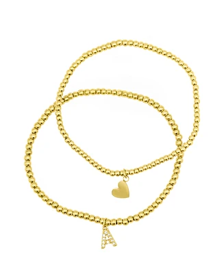 Adornia 14K Gold-Plated Stretch Bracelet Set with Mini Crystal Initial - Gold