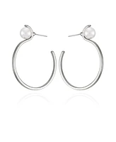T Tahari Silver-Tone Imitation Pearl Open C Hoop Earrings