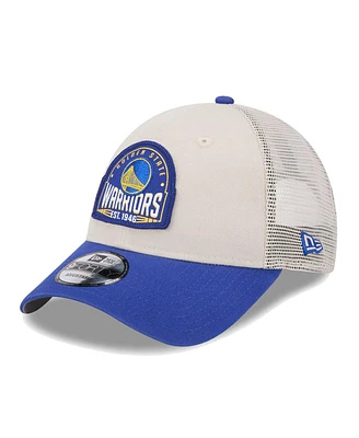 Men's New Era Khaki, Royal Golden State Warriors Throwback Patch Trucker 9FORTY Adjustable Hat