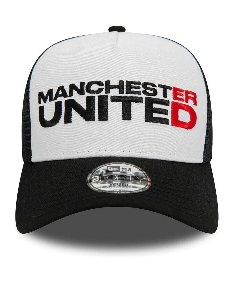 Youth Boys and Girls New Era Black Manchester United Wordmark E-Frame 9FORTY Trucker Adjustable Hat