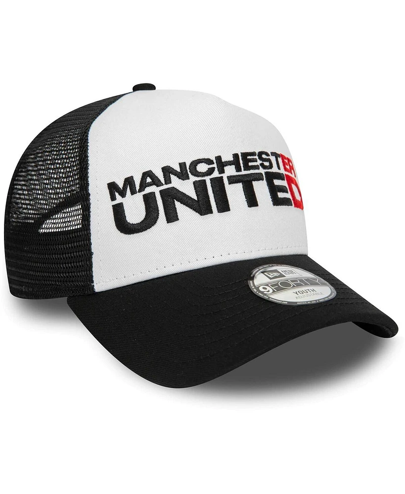 Youth Boys and Girls New Era Black Manchester United Wordmark E-Frame 9FORTY Trucker Adjustable Hat