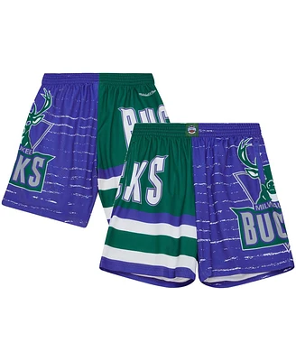 Men's Mitchell & Ness Purple, Hunter Green Milwaukee Bucks Jumbotron 3.0 Shorts