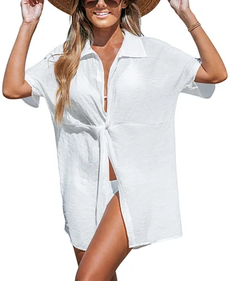 Cupshe Women's White Plunging Collared Neck Twist Cover-Up Beach Dress