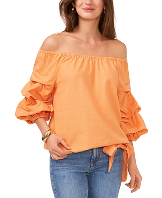 Vince Camuto Women's Linen-Blend Off The Shoulder Bubble Sleeve Tie Front Blouse