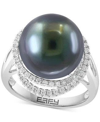 Effy Black Tahitian Pearl (13mm) & Diamond (1/4 ct. t.w.) Double Halo Statement Ring in 14k White Gold